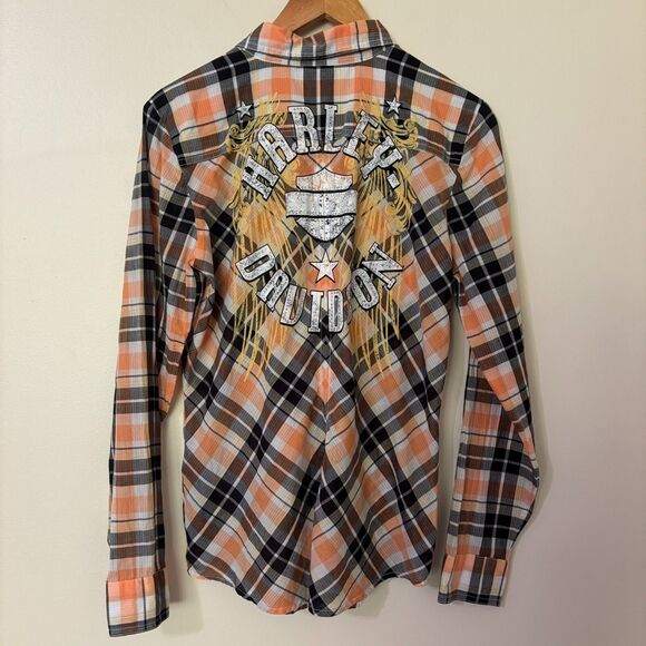 Harley Davidson Button Up Shirt Womens M Orange Plaid Rhinestone Angel Back Logo - Picture 5 of 16